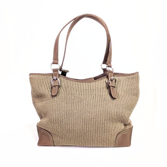 Pre-owned The Sak Crochet Knit Woven Shoulder Bag – Taupe with Brown Trim - Picture 2 of 6